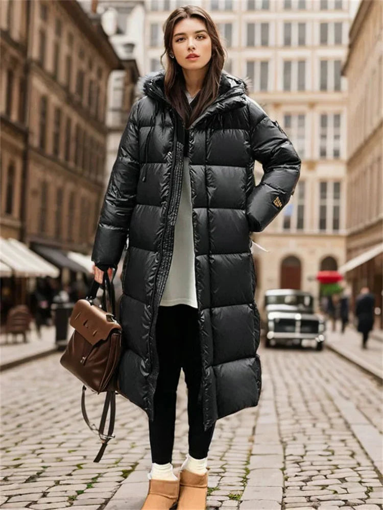 Women’s Long Padded Winter Coat – Hooded – Full-Length – Quilted Design