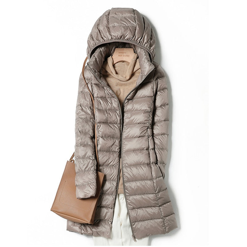 Women’s Longline Puffer Jacket – Hooded, Lightweight, Quilted