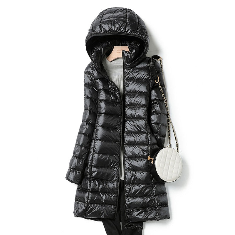 Women’s Longline Puffer Jacket – Hooded, Lightweight, Quilted
