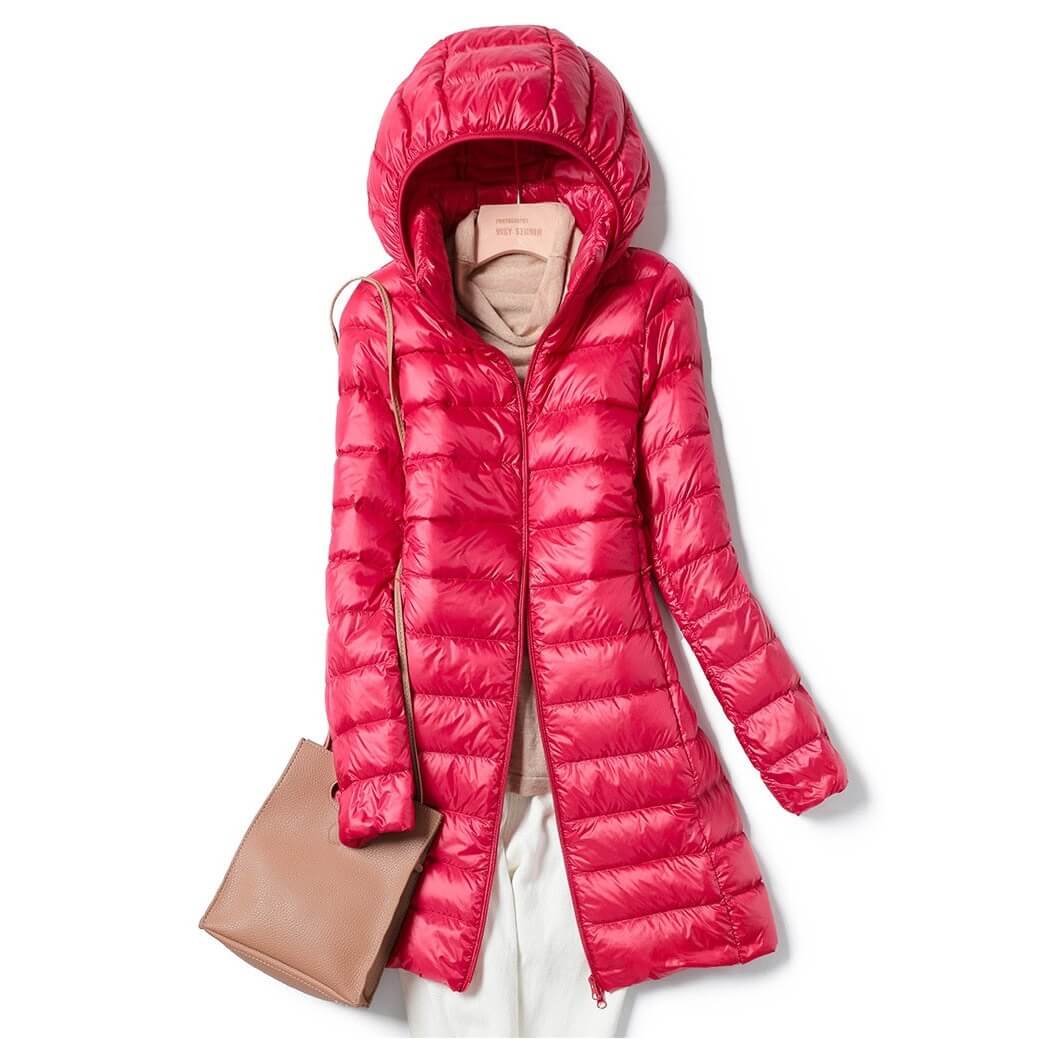 Women’s Longline Puffer Jacket – Hooded, Lightweight, Quilted