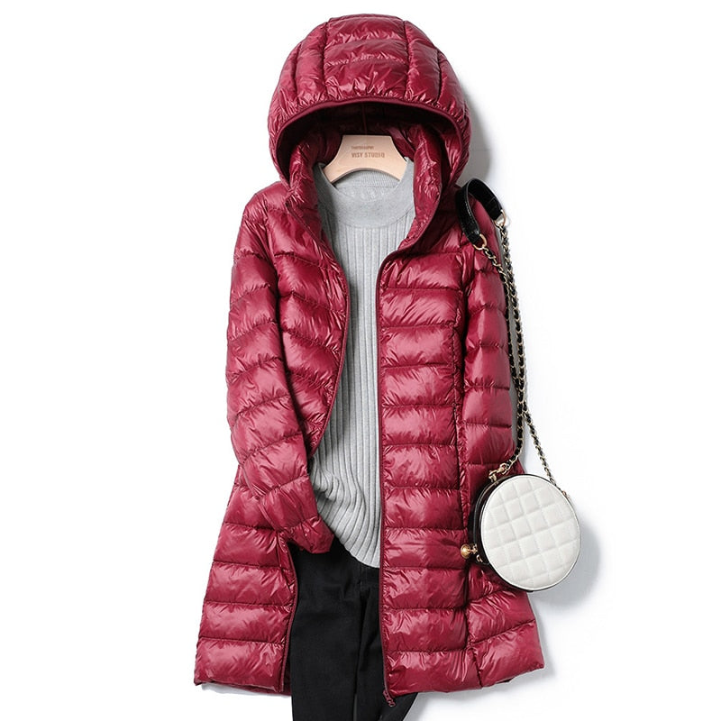 Women’s Longline Puffer Jacket – Hooded, Lightweight, Quilted