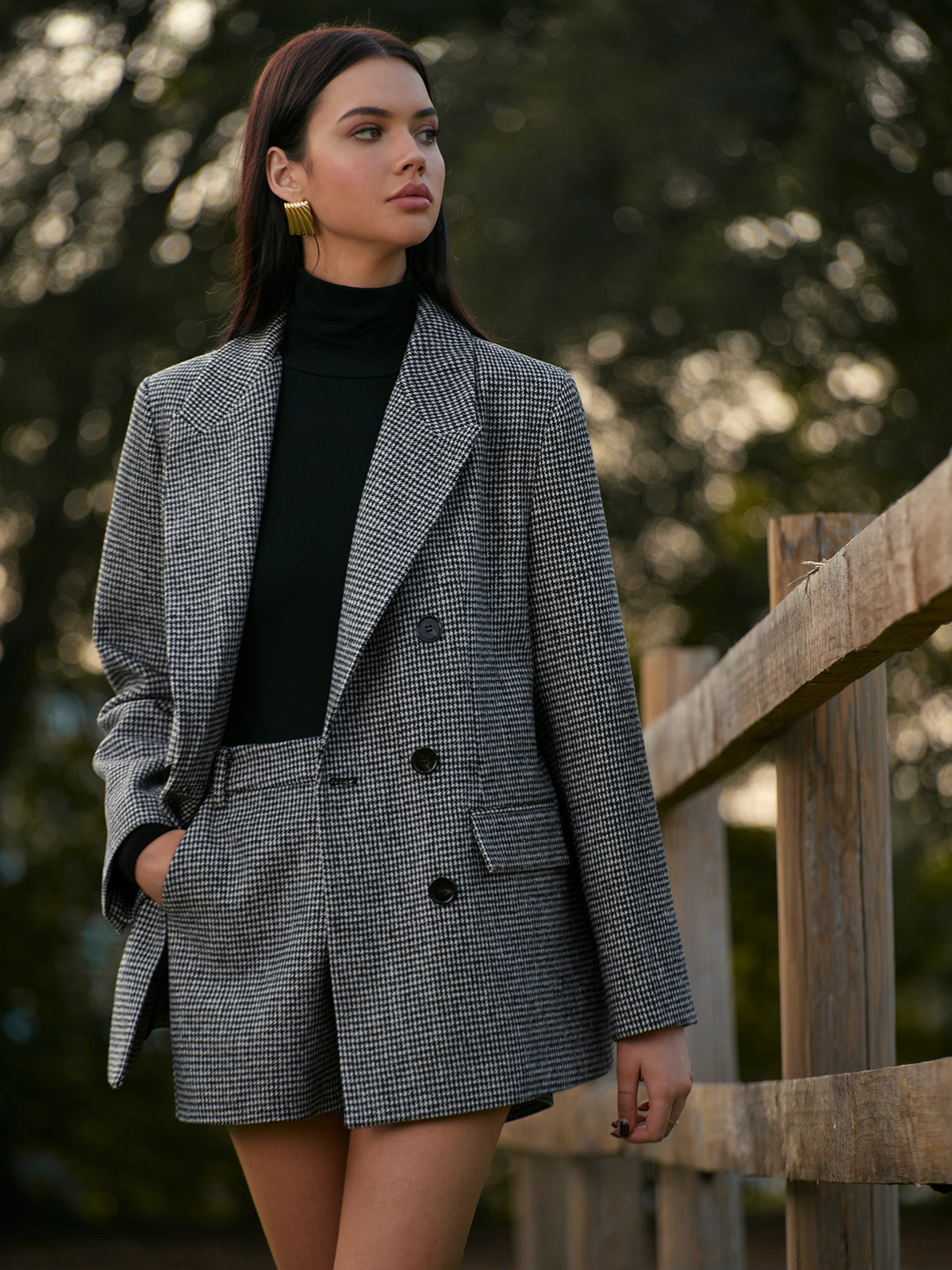 Women’s Luxury Tweed Blazer – Houndstooth Long Sleeve Classic Fit - Double-Breasted