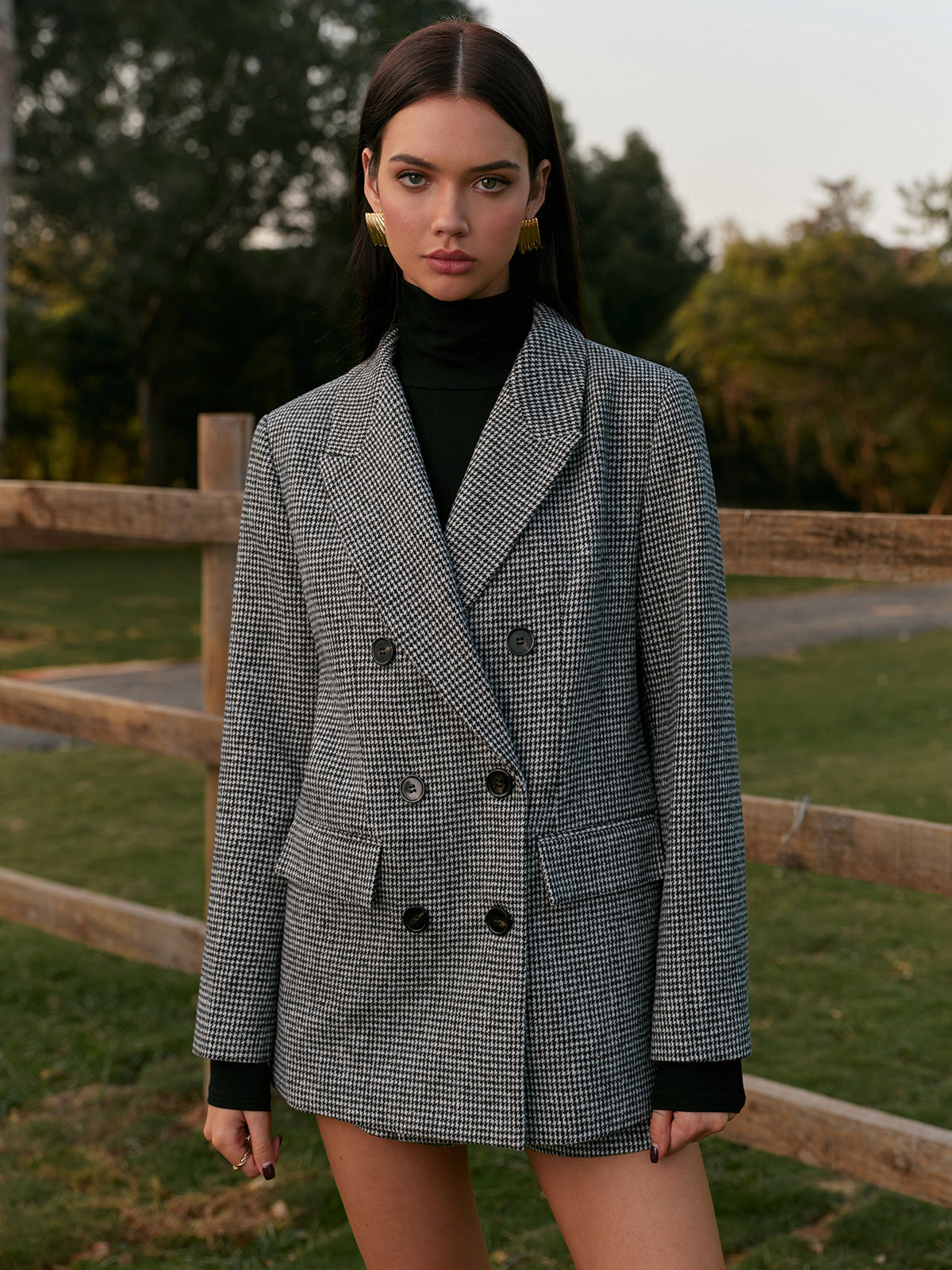 Women’s Luxury Tweed Blazer – Houndstooth Long Sleeve Classic Fit - Double-Breasted