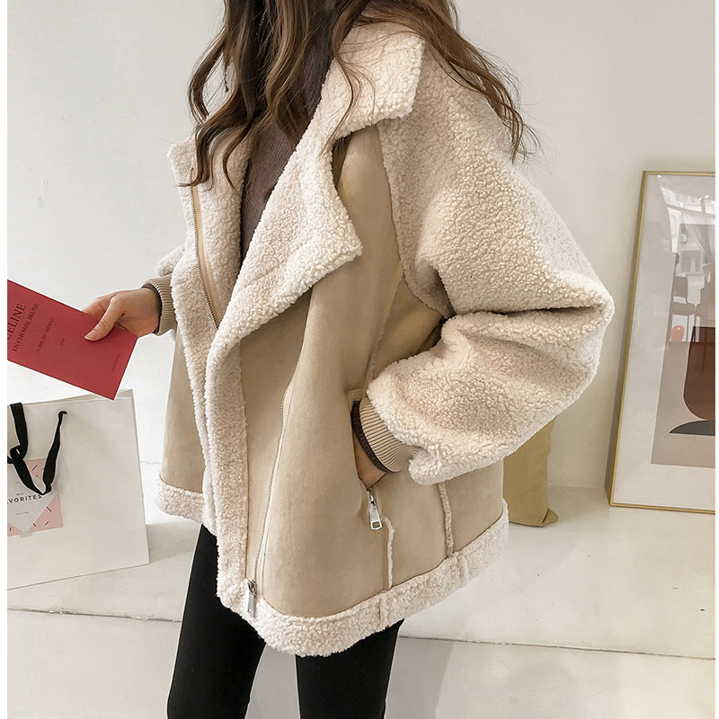 Women’s Oversized Suede Zip Jacket – Warm Teddy-Look