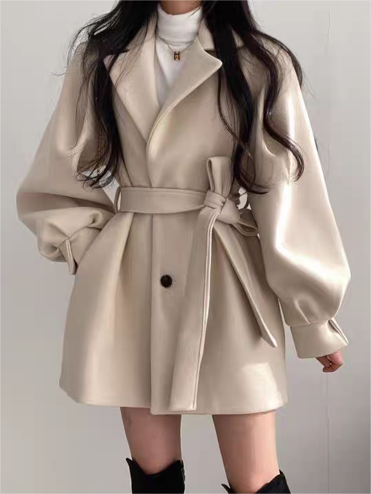 Women’s Puff Sleeve Belted Coat – Lapel Collar, Short Length