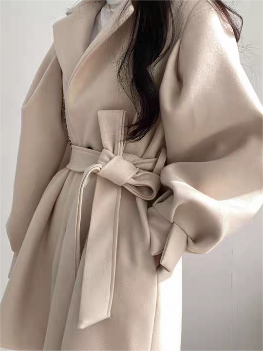Women’s Puff Sleeve Belted Coat – Lapel Collar, Short Length