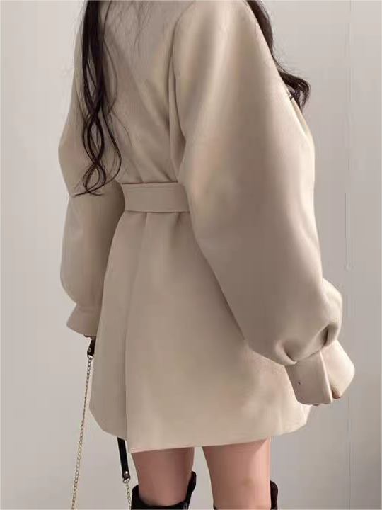 Women’s Puff Sleeve Belted Coat – Lapel Collar, Short Length