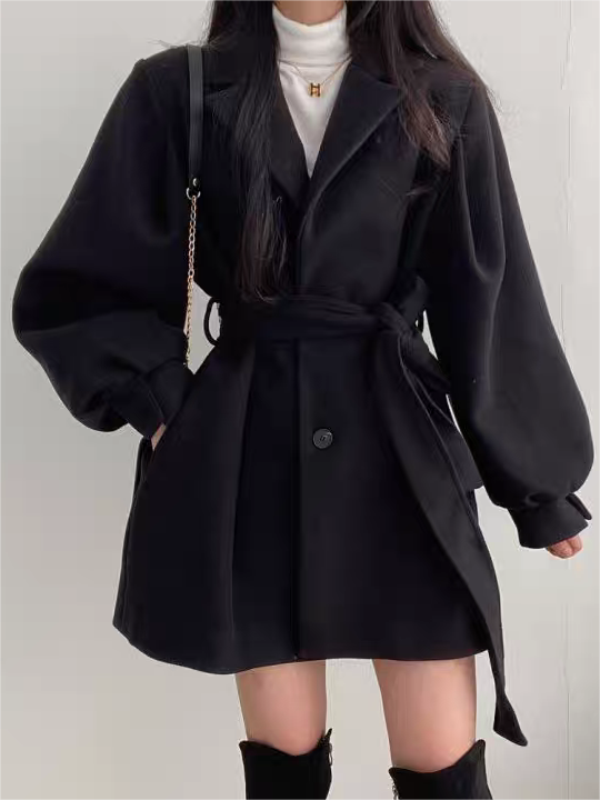 Women’s Puff Sleeve Belted Coat – Lapel Collar, Short Length