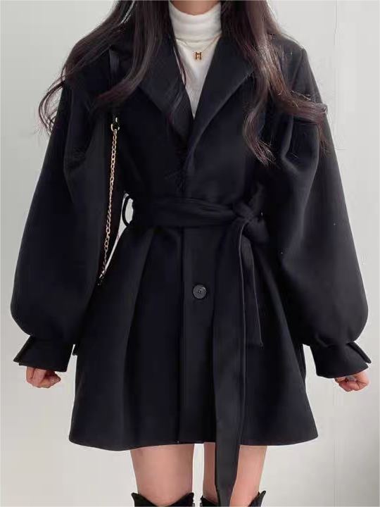 Women’s Puff Sleeve Belted Coat – Lapel Collar, Short Length