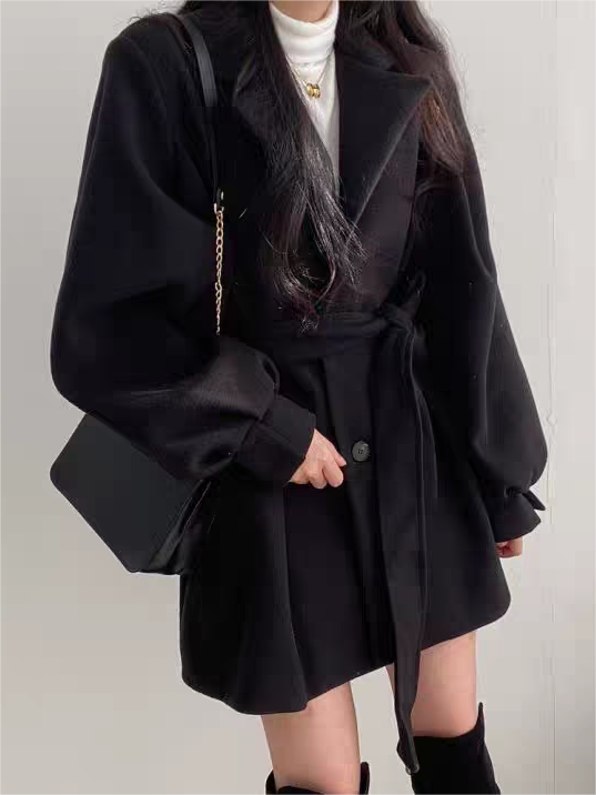 Women’s Puff Sleeve Belted Coat – Lapel Collar, Short Length