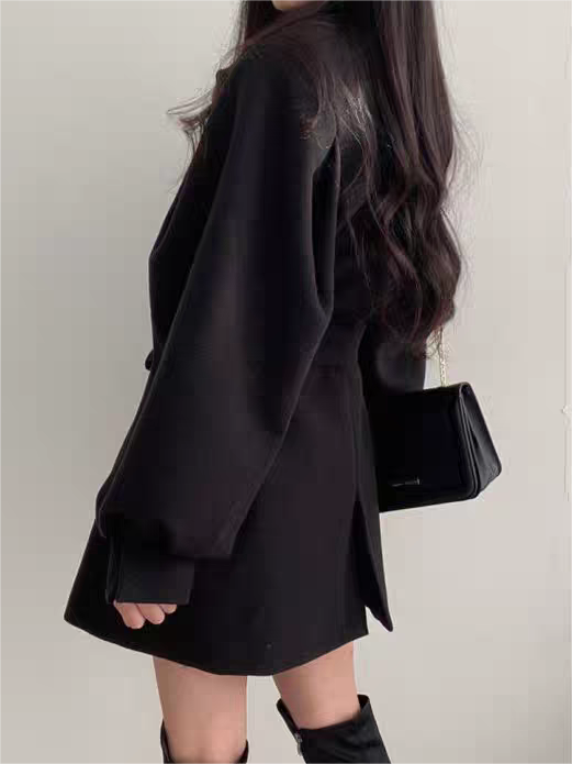 Women’s Puff Sleeve Belted Coat – Lapel Collar, Short Length