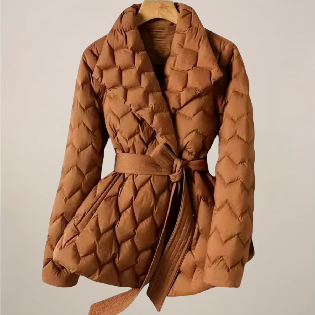 Women’s Puffer Jacket – Quilted Design – Belted Waist – Elegant Fit