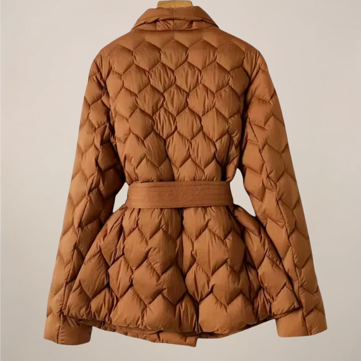 Women’s Puffer Jacket – Quilted Design – Belted Waist – Elegant Fit