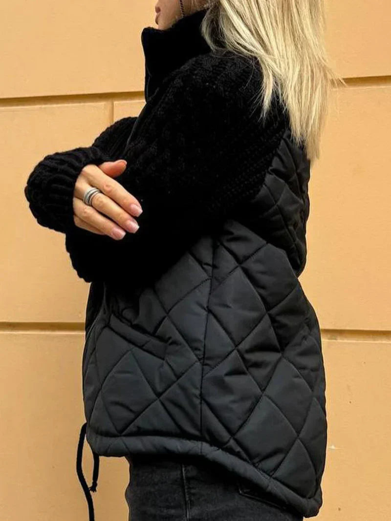 Women’s Quilted Jacket – Textured Sleeves, Funnel Neck, Zip Front