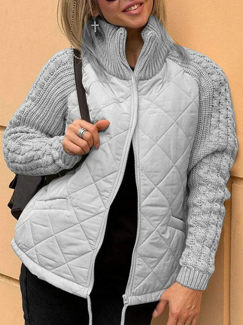 Women’s Quilted Jacket – Textured Sleeves, Funnel Neck, Zip Front