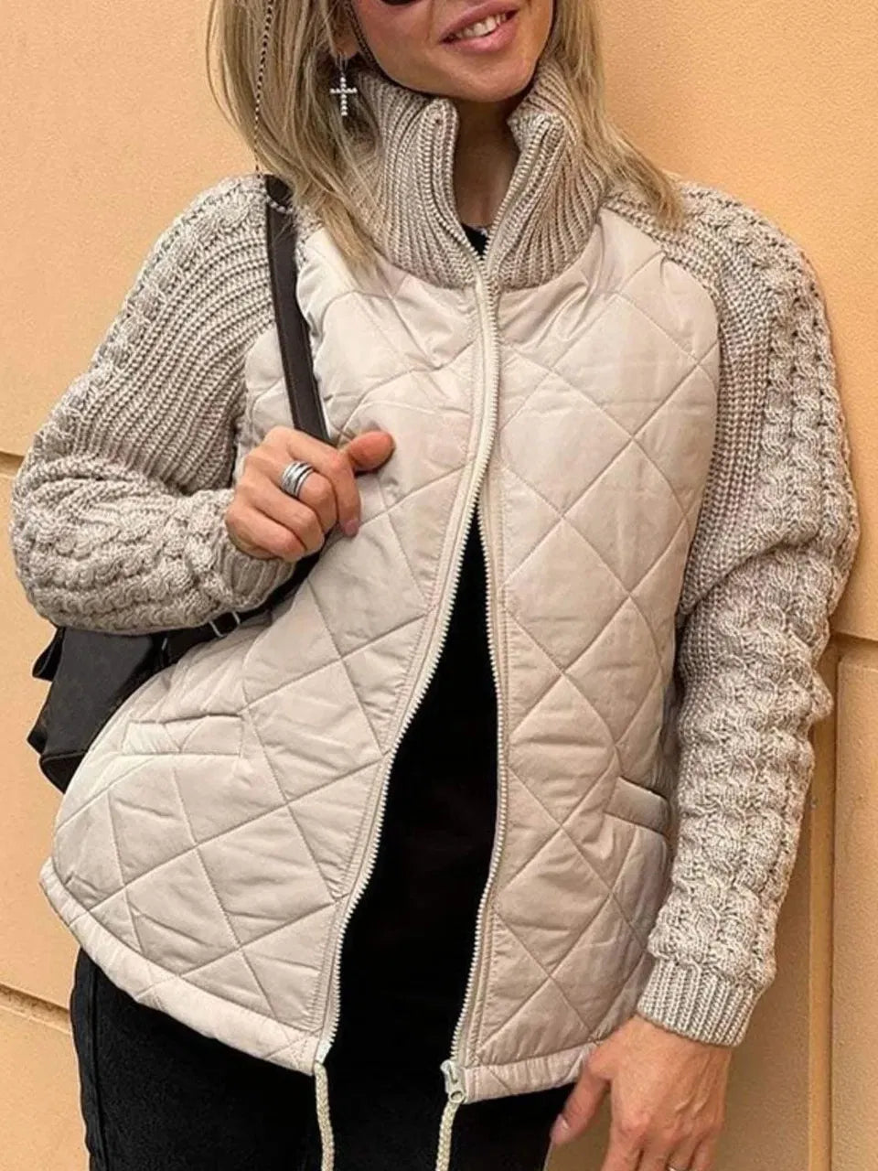 Women’s Quilted Jacket – Textured Sleeves, Funnel Neck, Zip Front
