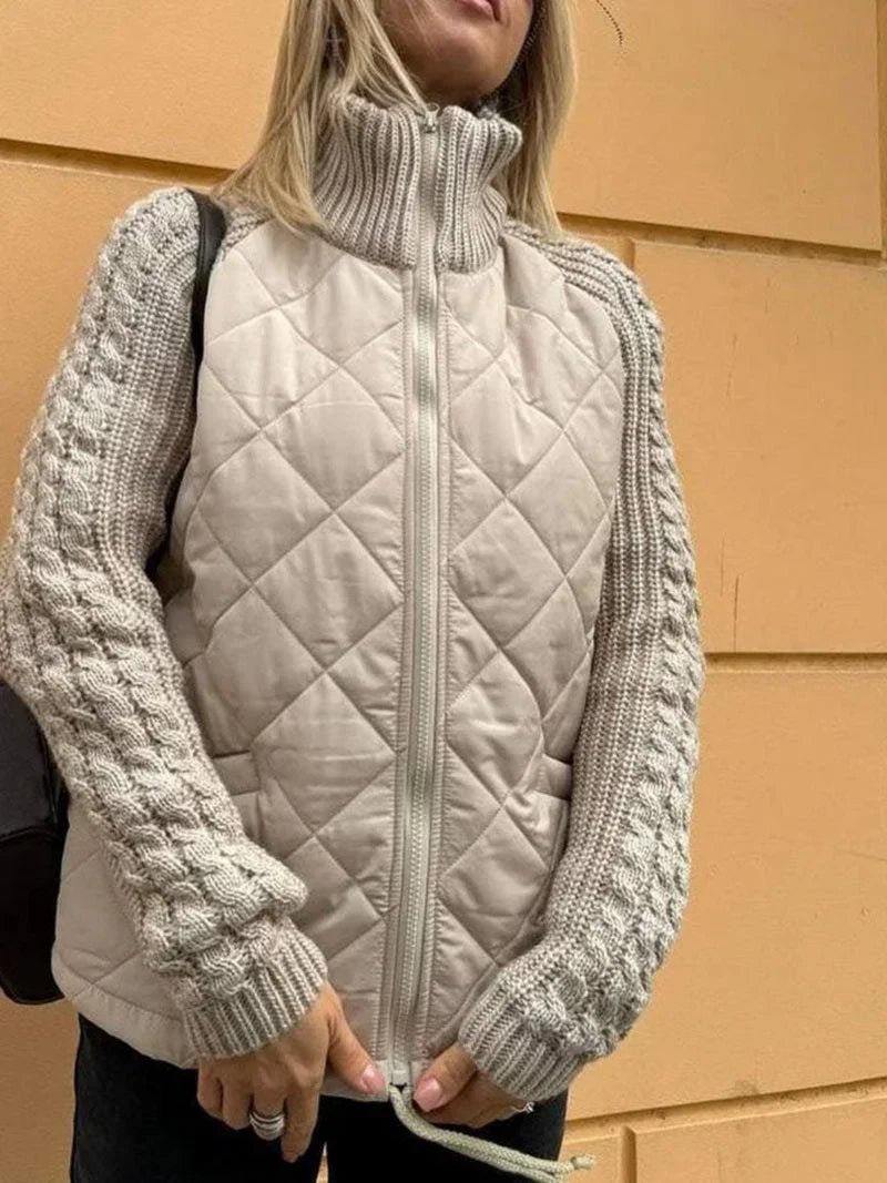 Women’s Quilted Jacket – Textured Sleeves, Funnel Neck, Zip Front