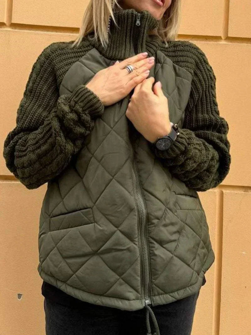 Women’s Quilted Jacket – Textured Sleeves, Funnel Neck, Zip Front
