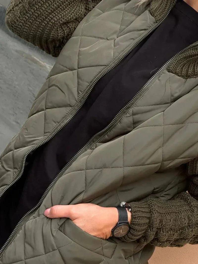 Women’s Quilted Jacket – Textured Sleeves, Funnel Neck, Zip Front