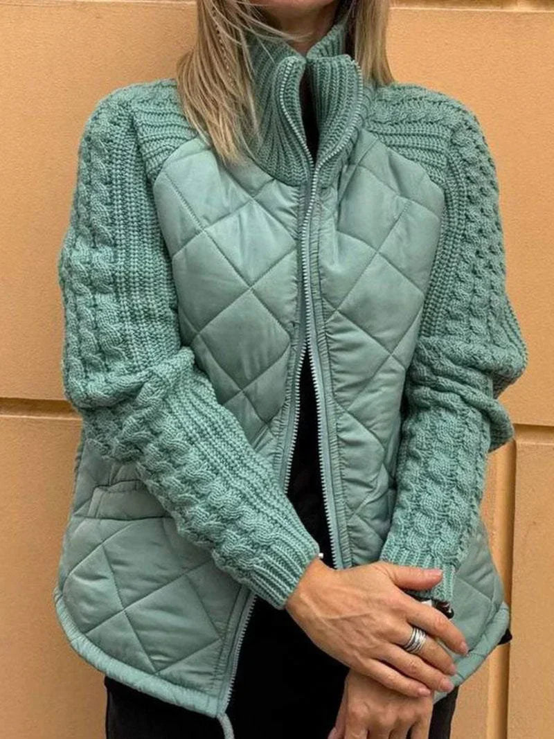 Women’s Quilted Jacket – Textured Sleeves, Funnel Neck, Zip Front
