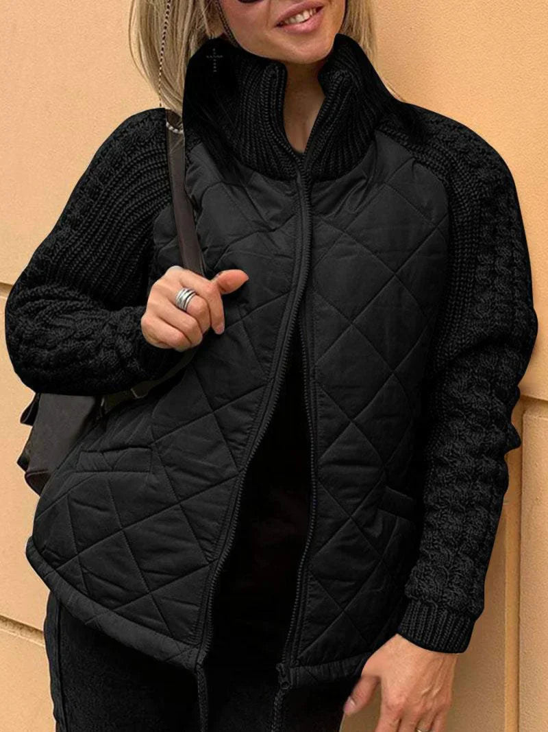 Women’s Quilted Jacket – Textured Sleeves, Funnel Neck, Zip Front