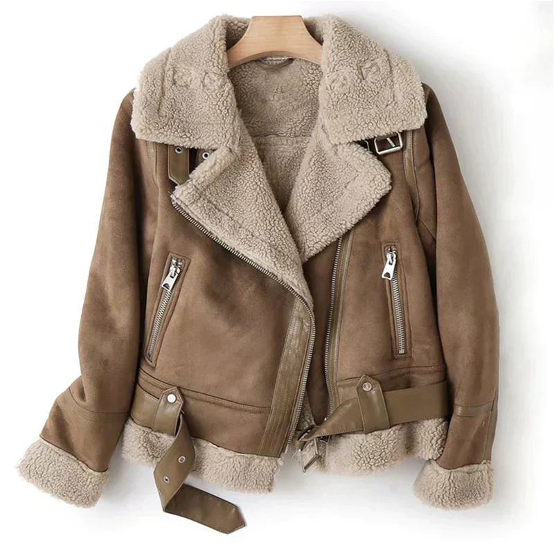 Women’s Shearling Biker Jacket – Sherpa Lined with Belted Hem