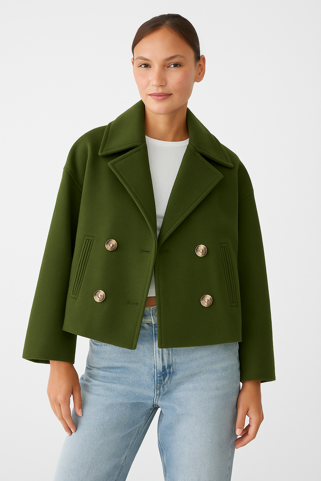 Women’s Short Coat – Wide Lapels, Two-Row Button Front, Cropped Boxy Fit