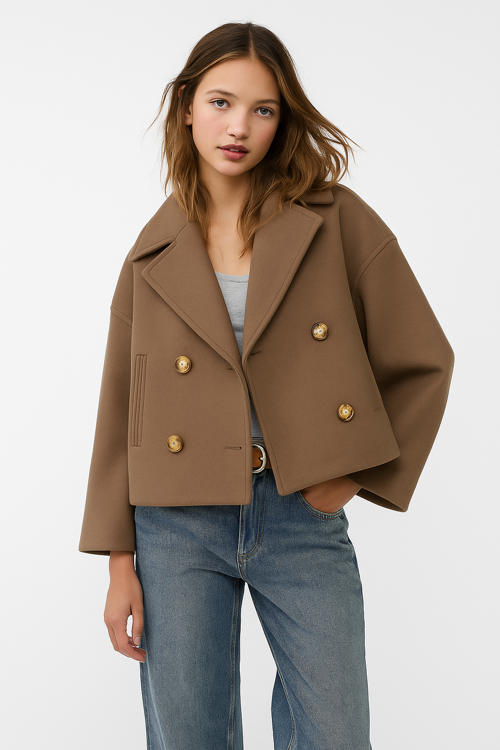 Women’s Short Coat – Wide Lapels, Two-Row Button Front, Cropped Boxy Fit