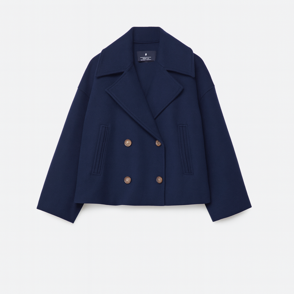 Women’s Short Coat – Wide Lapels, Two-Row Button Front, Cropped Boxy Fit
