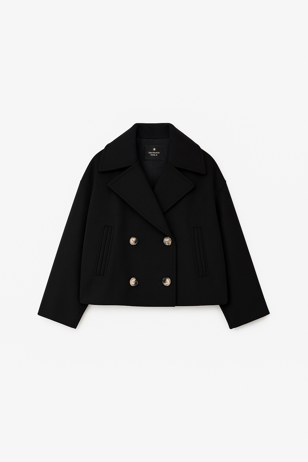 Women’s Short Coat – Wide Lapels, Two-Row Button Front, Cropped Boxy Fit