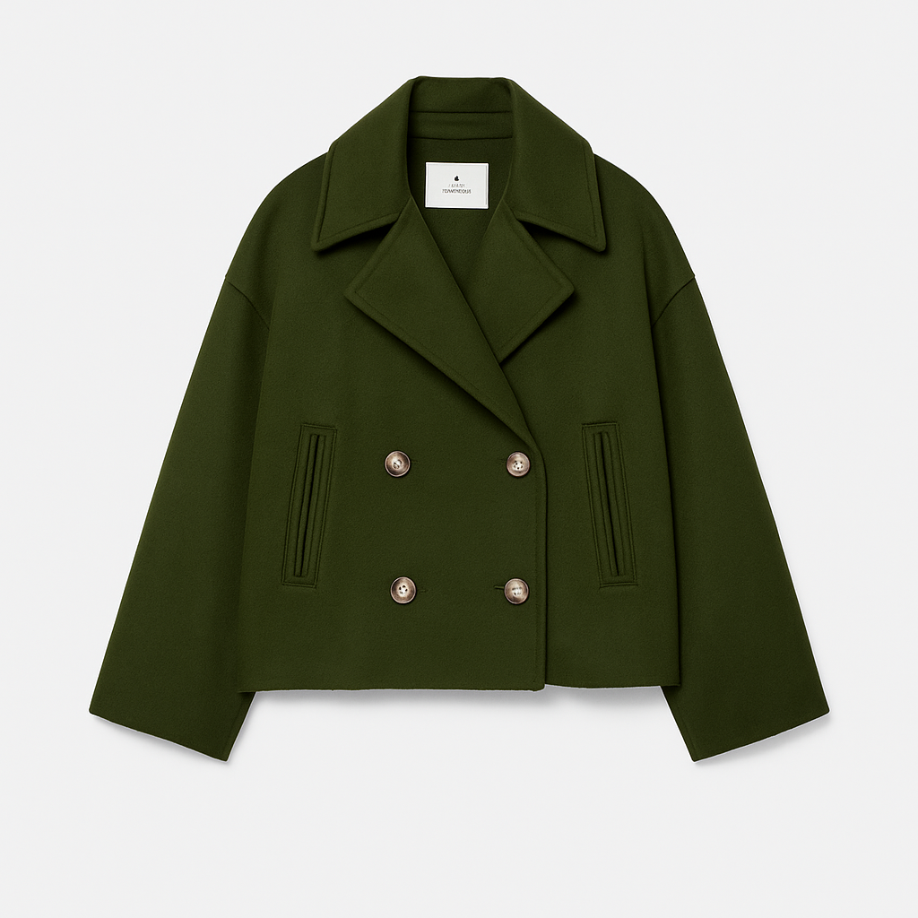 Women’s Short Coat – Wide Lapels, Two-Row Button Front, Cropped Boxy Fit