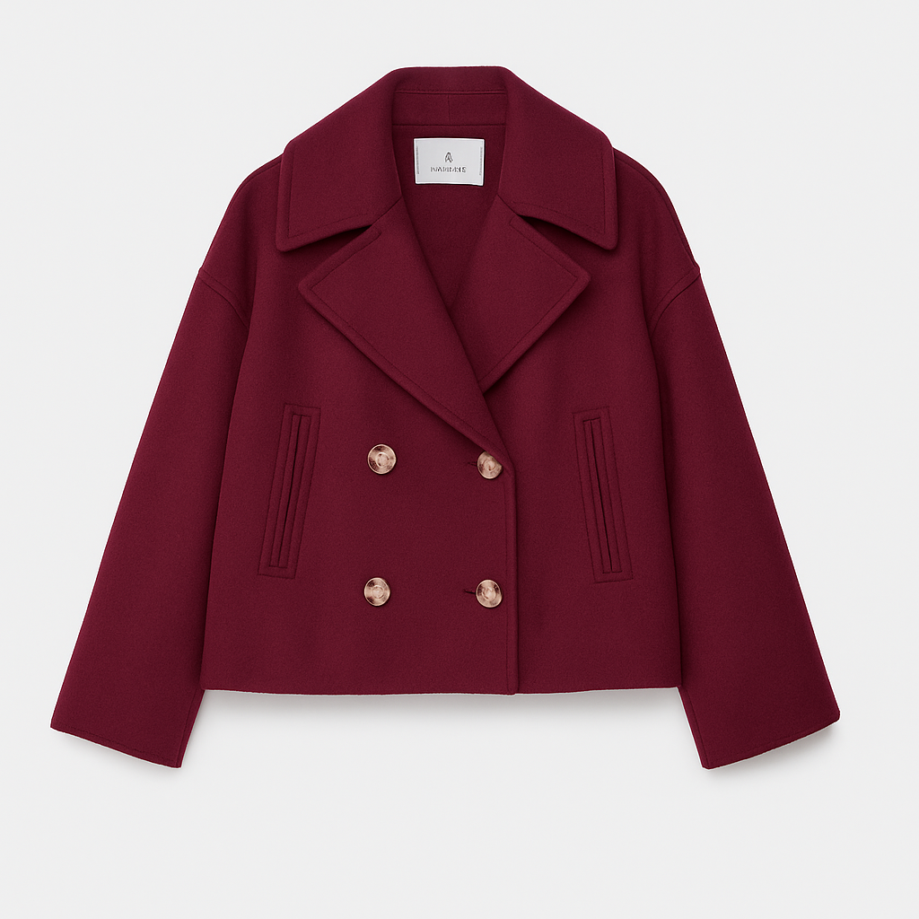 Women’s Short Coat – Wide Lapels, Two-Row Button Front, Cropped Boxy Fit