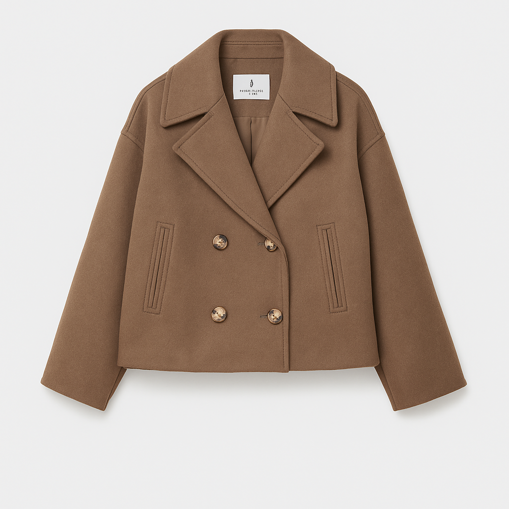 Women’s Short Coat – Wide Lapels, Two-Row Button Front, Cropped Boxy Fit