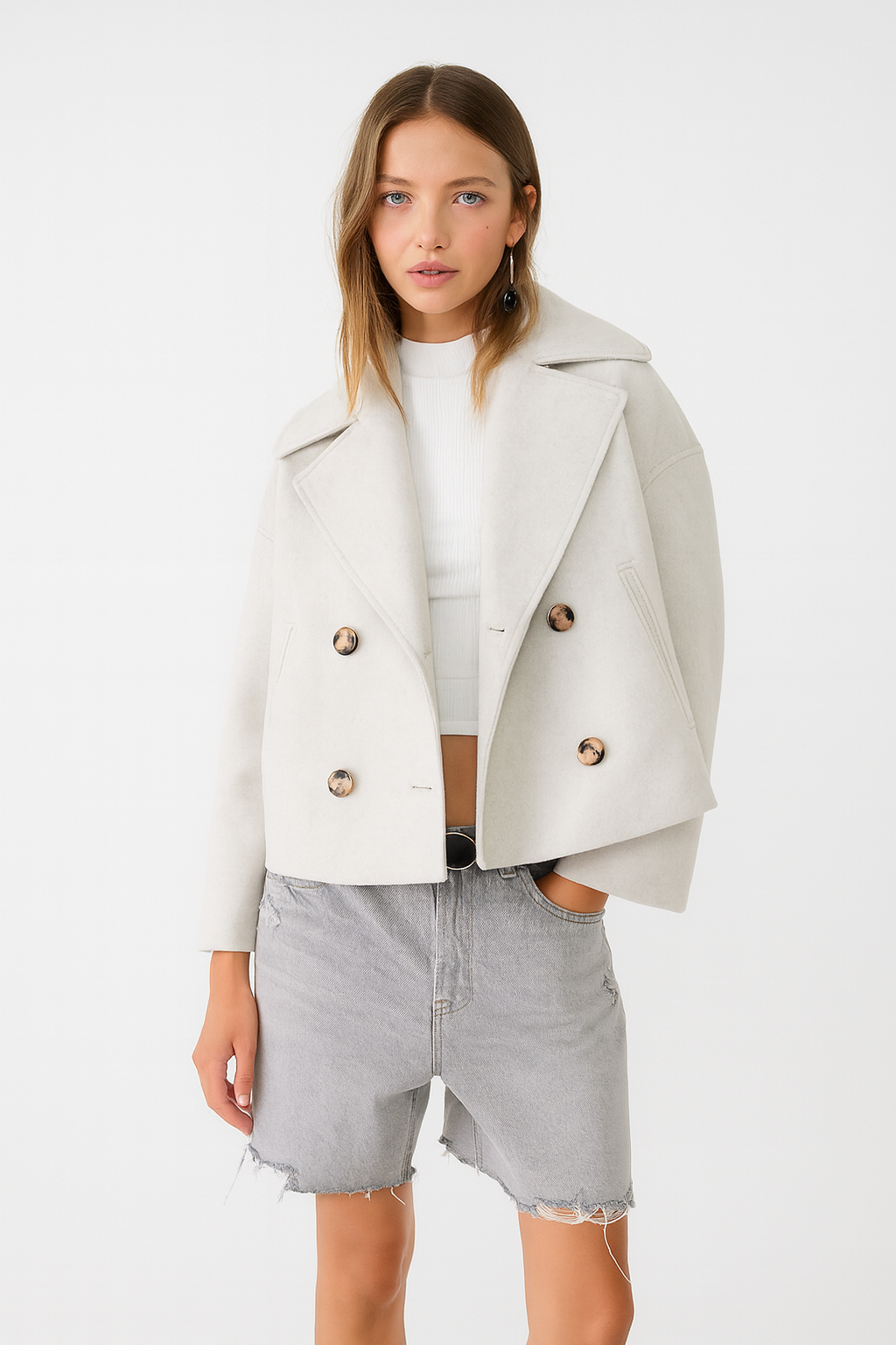 Women’s Short Coat – Wide Lapels, Two-Row Button Front, Cropped Boxy Fit
