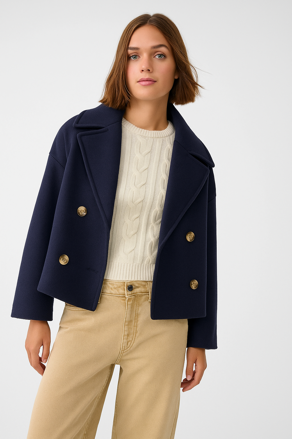 Women’s Short Coat – Wide Lapels, Two-Row Button Front, Cropped Boxy Fit