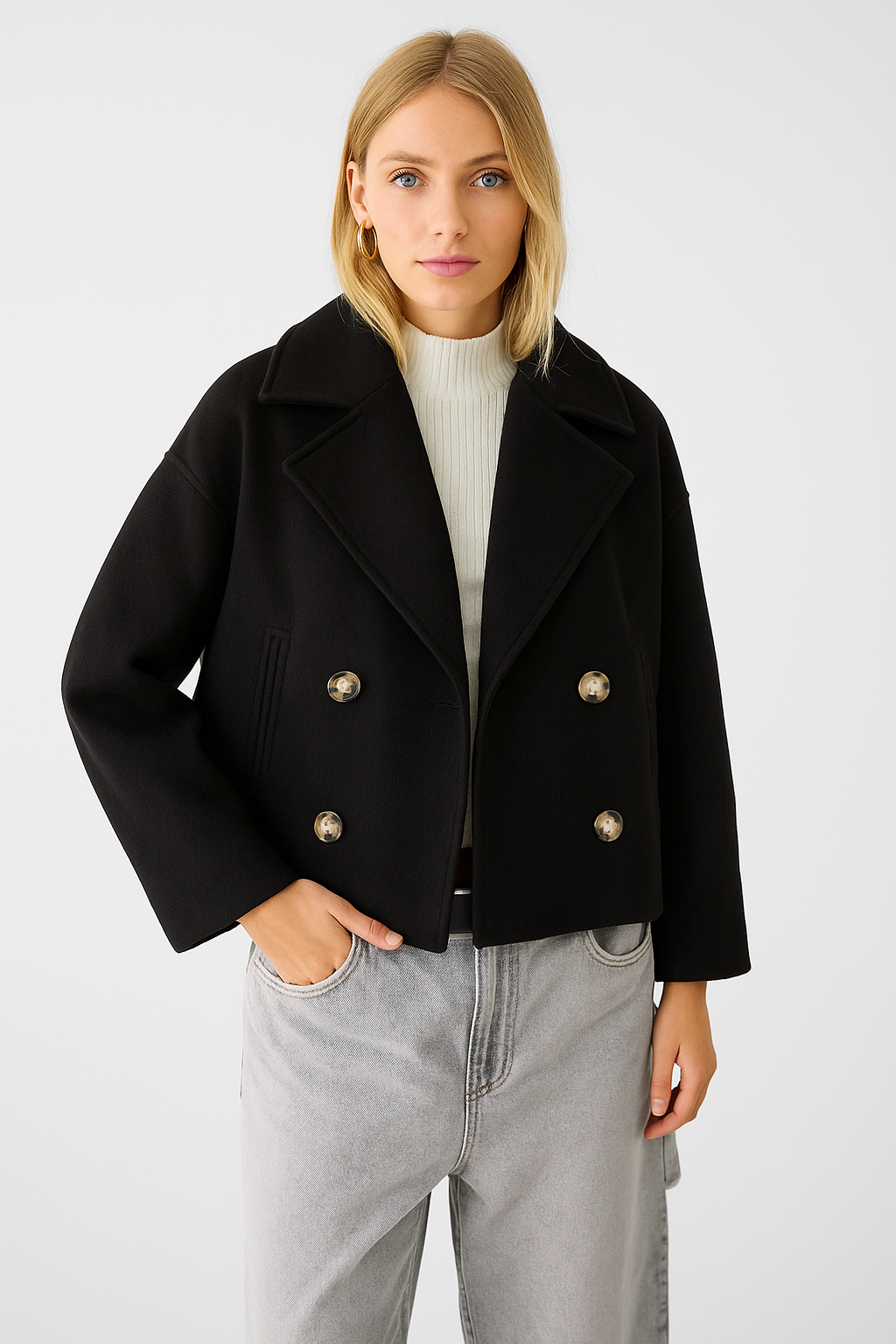 Women’s Short Coat – Wide Lapels, Two-Row Button Front, Cropped Boxy Fit