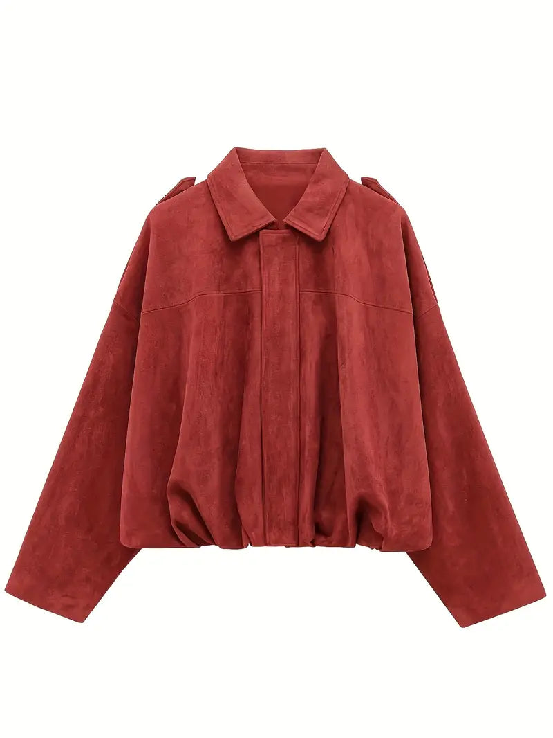 Women’s Short Jacket – Faux Suede, Oversized, Elasticated Hem