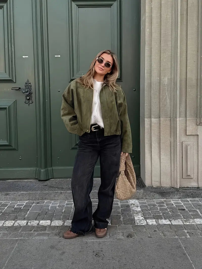 Women’s Short Jacket – Faux Suede, Oversized, Elasticated Hem