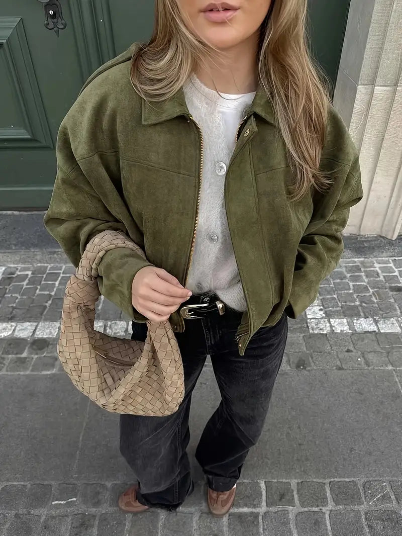 Women’s Short Jacket – Faux Suede, Oversized, Elasticated Hem