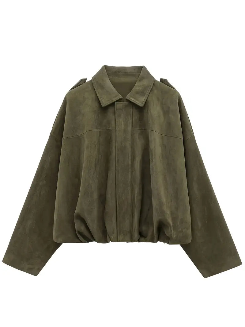 Women’s Short Jacket – Faux Suede, Oversized, Elasticated Hem