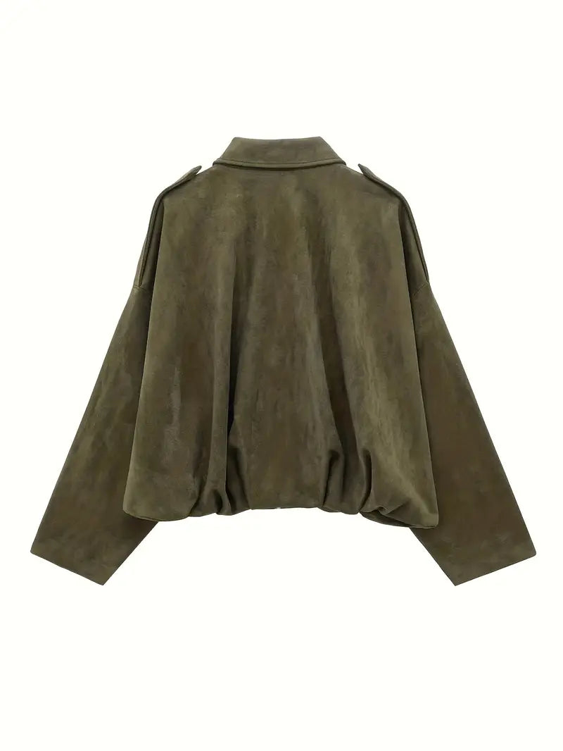 Women’s Short Jacket – Faux Suede, Oversized, Elasticated Hem