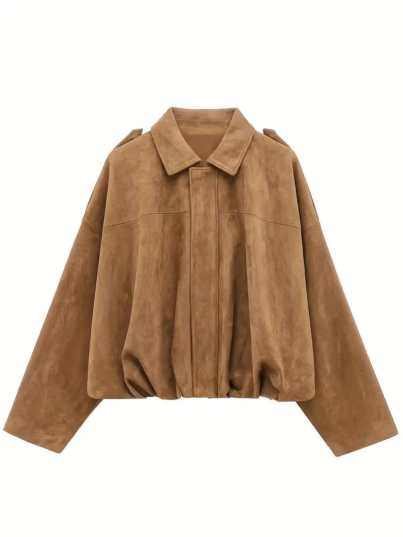 Women’s Short Jacket – Faux Suede, Oversized, Elasticated Hem