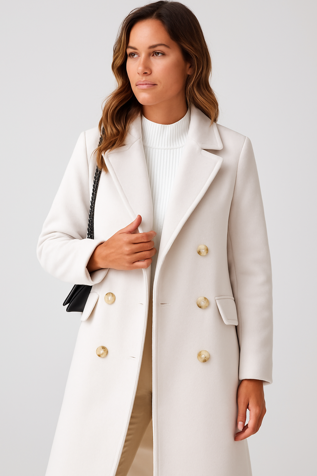 Women’s Structured Peacoat – Double-Breasted with Gold Buttons