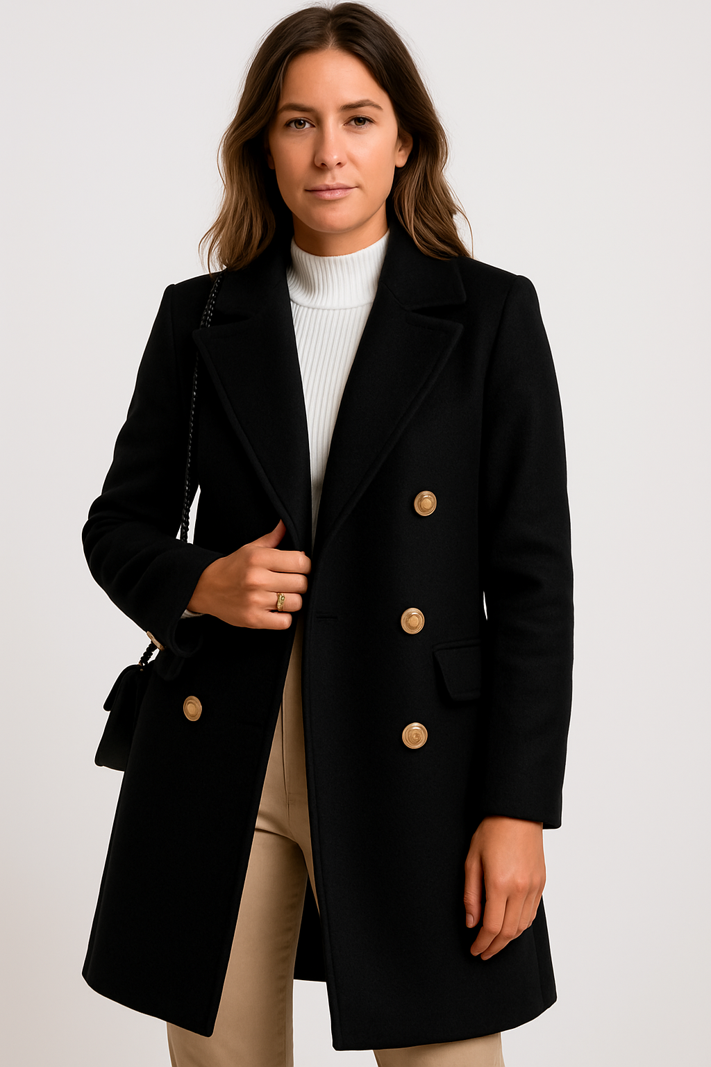 Women’s Structured Peacoat – Double-Breasted with Gold Buttons
