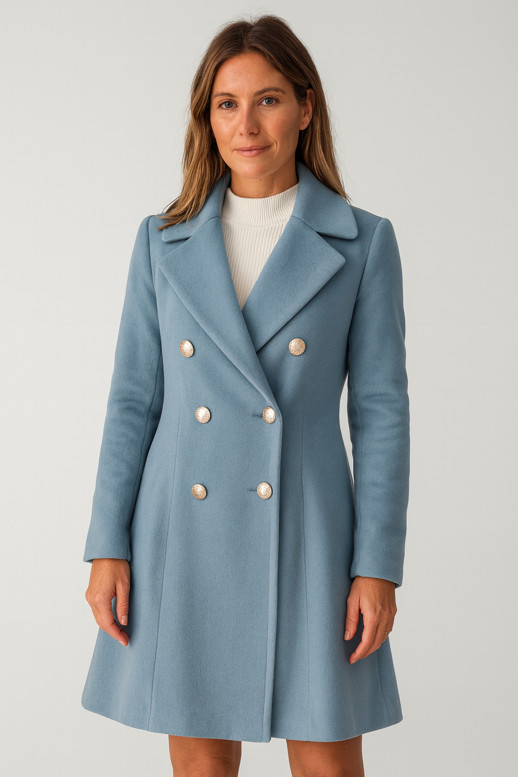 Women’s Structured Peacoat – Double-Breasted with Gold Buttons
