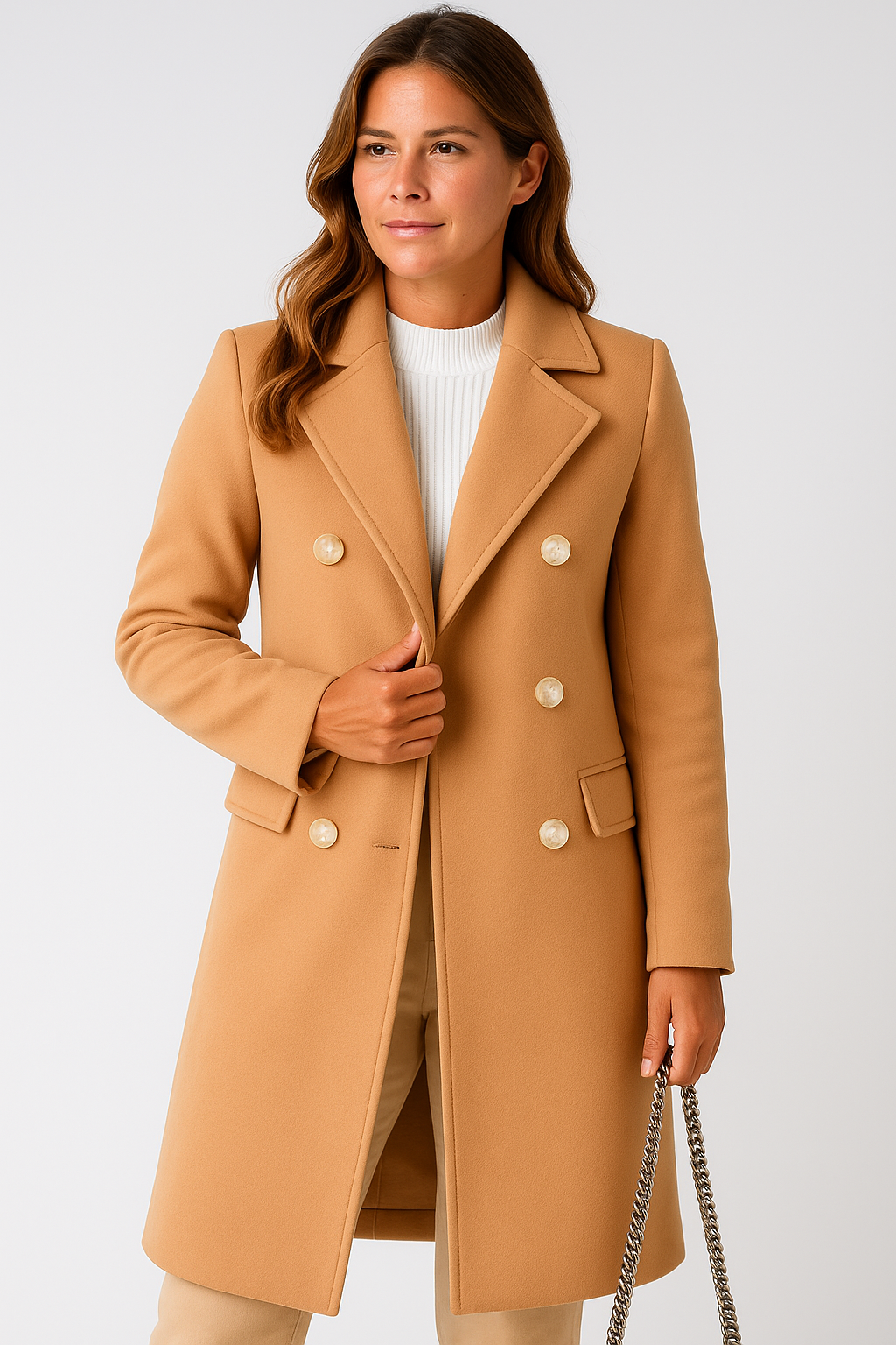 Women’s Structured Peacoat – Double-Breasted with Gold Buttons