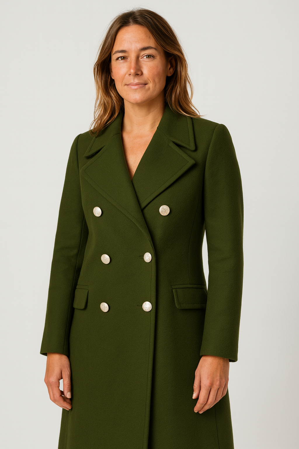 Women’s Structured Peacoat – Double-Breasted with Gold Buttons