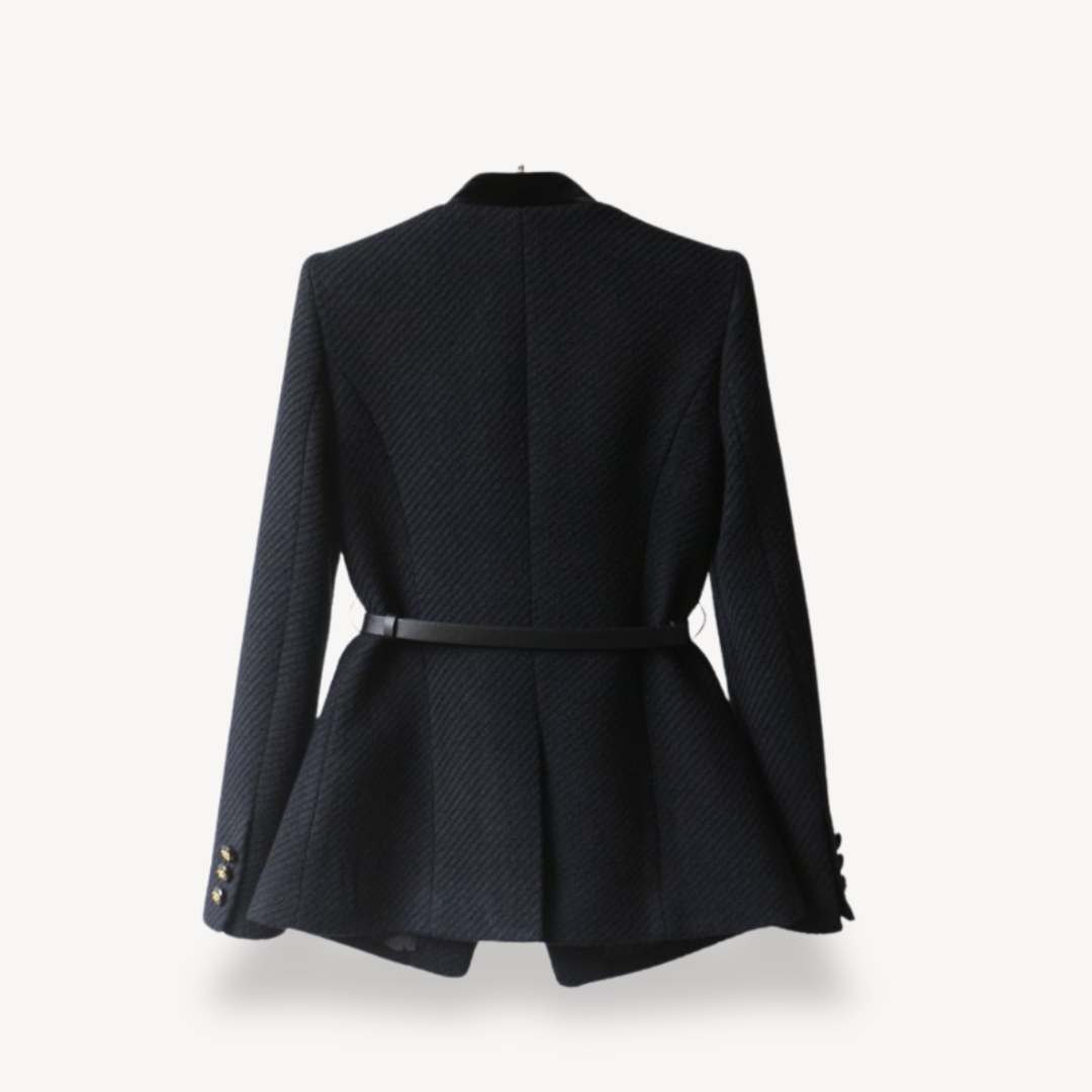 Women's Tailored Belted Blazer – Velvet Detail & Gold-Tone Finish