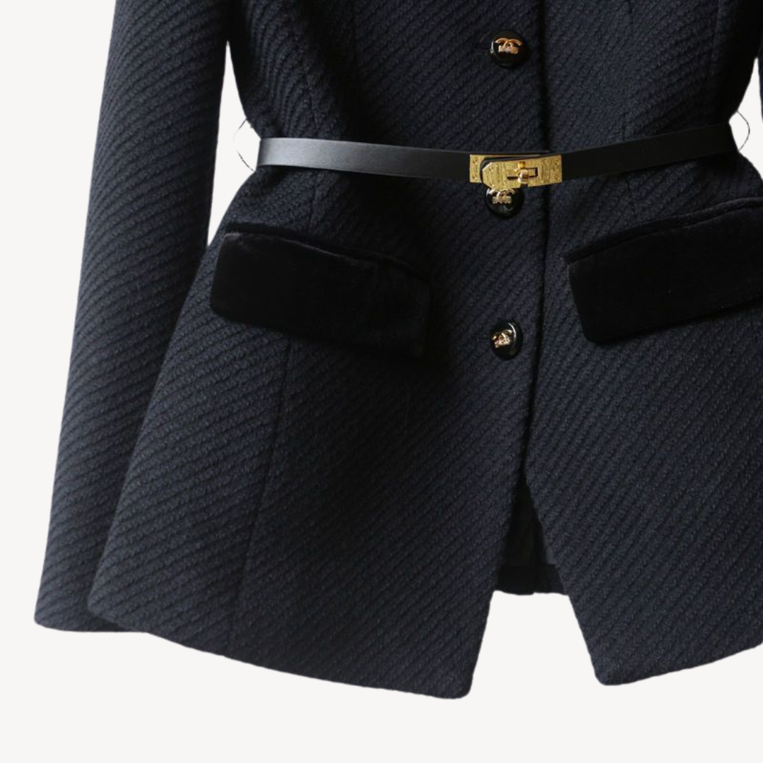 Women's Tailored Belted Blazer – Velvet Detail & Gold-Tone Finish
