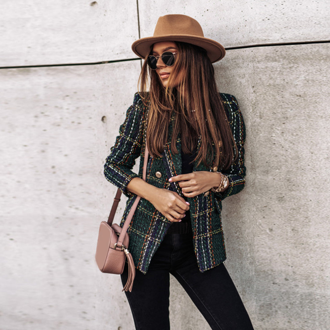 Women’s Tweed Check Double-Breasted Blazer – Vintage Fit, Gold Buttons